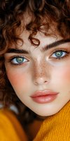 Close up portrait of young woman with green eyes, freckles, and curly brown hair wearing yellow sweater. Natural beauty and fashion concept.