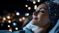 Young woman with closed eyes enjoying peaceful moment surrounded by warm bokeh lights creating dreamy atmosphere for relaxation and mindfulness concepts.