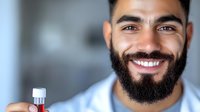Young Middle Eastern man with beard showing bright smile while holding medication bottle in blurred background, healthcare and wellness concept.