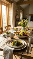 Rustic dining table set with fresh wildflower salads and ceramic dinnerware in cozy farmhouse kitchen with exposed beams and natural lighting.