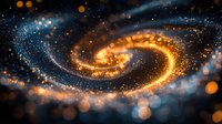 Spiral galaxy with glowing orange and blue cosmic dust in deep space, swirling nebula pattern with bright stars and luminous particles against dark background.