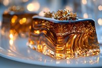 Luxury golden liquid in sculptural glass vessels with sparkling bokeh lights, suitable for cosmetics, perfume, skincare, and premium product packaging design.