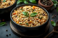 Creamy risotto with diced carrots, fresh basil leaves and black pepper in black ceramic bowl on wooden board against dark background. Homemade Italian cuisine.