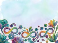 Colorful infinity symbols with abstract botanical elements and geometric circles on isolated white background, suitable for design projects, textiles, and decorative applications.