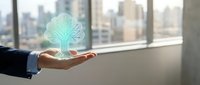 Businessman holding glowing digital tree with circuit lines, symbolizing AI innovation, green technology, and sustainable smart business growth.