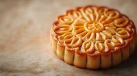 Traditional golden brown mooncake with intricate floral pattern on top, photographed on rustic textured surface with soft natural lighting and shallow depth of field.