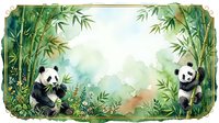 Watercolor pandas in bamboo forest frame with lush greenery and soft botanical elements for nature-themed designs and wildlife artwork.