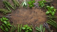 Fresh aromatic herbs frame rustic wooden background with copy space for culinary cooking and natural medicine applications.