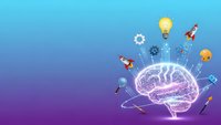 Creative brain with innovation symbols on gradient background for business and technology concepts.
