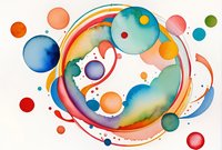 Vibrant watercolor circles and fluid curved lines in rainbow colors create dynamic abstract composition on white background, modern art style for wall decor and design projects.