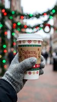 Hand holding festive coffee cup with winter warmth text and snowflake design against blurred holiday street decorated with garland and colorful lights for seasonal marketing and beverage advertising.