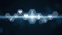 Medical technology hexagonal icons floating on dark blue digital background with glowing particles and network connections for healthcare innovation.