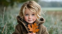 Adorable blonde toddler girl in cozy brown hoodie holding autumn maple leaf outdoors in natural field setting for seasonal family photography.