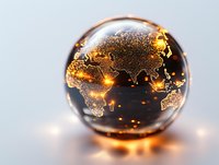 Glowing world map sphere with golden light particles showing global connectivity and international network on reflective surface. Suitable for business concepts.