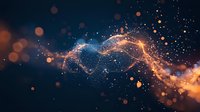 Abstract digital wave of glowing particles and light trails flowing through dark space with orange and blue luminous bokeh effect creating futuristic network connection.
