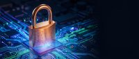 Golden padlock on glowing blue circuit board representing cybersecurity, data protection and digital security technology for business applications.