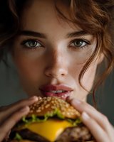 Young woman with freckles and green eyes holding cheeseburger close to face. Fast food craving and appetite concept for restaurant marketing.