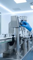 Pharmaceutical technician in blue gloves operating modern production equipment in sterile manufacturing facility for drug development and quality control.