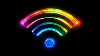 Glowing multicolored wifi symbol with neon effect on black background, rainbow spectrum colors from pink to blue creating modern wireless network icon.