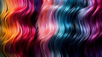 Vibrant wavy stripes in rainbow colors create dynamic flowing pattern with orange, pink, red, turquoise and purple hues on black background. For abstract design projects.