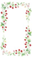 Watercolor raspberry and flower border frame with delicate pink blossoms and ripe red berries on vine branches, ideal for invitations and greeting cards.