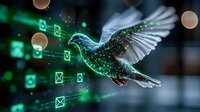 Digital hummingbird surrounded by glowing green message icons and data streams against dark background, representing communication technology and data transfer.