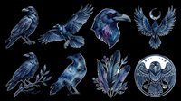 Dark blue watercolor ravens and feathers clipart set, isolated on transparent background. Ready for stickers, t-shirt design, print on demand, and sublimation.