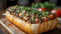 Stuffed baguette with savory meat filling, fresh herbs and vegetables on wooden cutting board. Gourmet sandwich ready for serving at restaurant or home.
