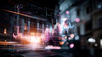 Futuristic financial data visualization with glowing stock market charts overlaid on urban night cityscape, combining digital technology and finance for business concepts.