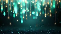 Magical glowing turquoise lights and golden string lights falling from above create dreamy bokeh effect against dark background, festive holiday atmosphere.