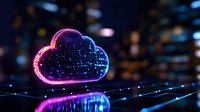 Glowing neon cloud computing symbol with digital network connections on dark background, purple and blue futuristic technology concept with bokeh effect.