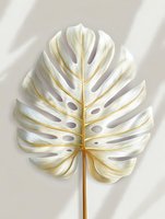 White monstera leaf with golden stem on beige background, elegant botanical art composition with soft shadows and delicate details. Suitable for modern interior decor.