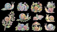 Cute snail clipart set with colorful shells, flowers, mushrooms, and tea cup, isolated on transparent background, ready for stickers, t-shirt design, and print on demand.