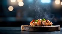 Steaming hot grilled scallops with vegetables and herbs served on rustic wooden board against dark background with bokeh lights and copy space.