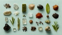 Culinary spices and herbs collection arranged in organized grid pattern on mint green background, showcasing diverse cooking ingredients.