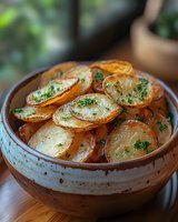 Crispy roasted potato slices with garlic and fresh parsley garnish served in rustic ceramic bowl, ideal for food photography and culinary content.