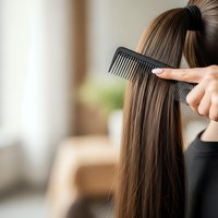 Professional hairstylist combing long brown hair with black comb during salon treatment. Hair care and styling service for healthy smooth locks.