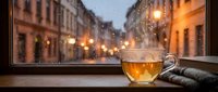 Cozy winter evening with steaming tea cup on windowsill overlooking snowy city street with warm glowing lights and festive atmosphere during twilight hour.