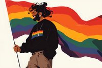 Young Black person with curly hair holding rainbow pride flag in wind, wearing black sweatshirt with rainbow design. Side view illustration shows joyful expression.