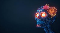 Glowing neon skull decorated with vibrant flowers against dark background, featuring illuminated eye sockets and intricate floral details in pink and orange hues.
