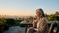 Mature blonde woman enjoying morning coffee on outdoor terrace with city skyline view during golden hour sunrise, peaceful lifestyle moment.