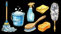 Mop with blue and wooden handle, bucket with soapy water, spray bottle with blue liquid, yellow microfiber cloth, feather duster, wooden brush, and yellow sponge isolated on transparent background. Ready for clipart, t-shirt design, stickers, print-on-demand products, and sublimation projects.