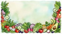 Fresh vegetables and fruits arranged as decorative border frame with watercolor background, suitable for recipe cards, menu designs, cooking blogs, and food packaging layouts.