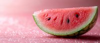 Juicy watermelon slice with black seeds on pink glittery background with water drops, fresh summer fruit concept for healthy eating and refreshment.