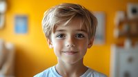 Young Caucasian boy with blonde hair and blue eyes smiling against vibrant yellow wall background in home setting.
