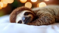 Lazy sloth resting head on white surface with warm bokeh lights in background, suitable for relaxation and wellness content.