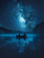 Silhouettes of two people fishing from boat under spectacular starry night sky with bright Milky Way galaxy, perfect for themes of meditation, adventure and night outdoor activities.