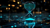 Glowing turquoise hourglass on digital circuit board surface with flowing sand particles, dramatic lighting and bokeh effects creating futuristic technology concept.