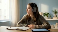 Young woman with long dark hair and light skin tone wearing over-ear headphones and a beige ribbed sweater, studying with an open notebook and tablet at a desk by a window with plants in background.