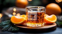 Glass of whiskey with ice cubes on wooden board decorated with fresh orange slices and pine branches against dark background with bokeh lights.